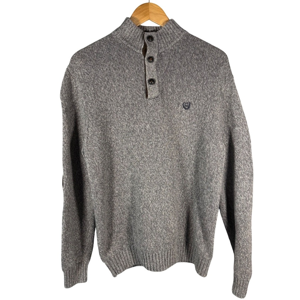 Chaps Mens Gray Mock Neck Button‎ Knit Sweater Elbow Patches Size L G